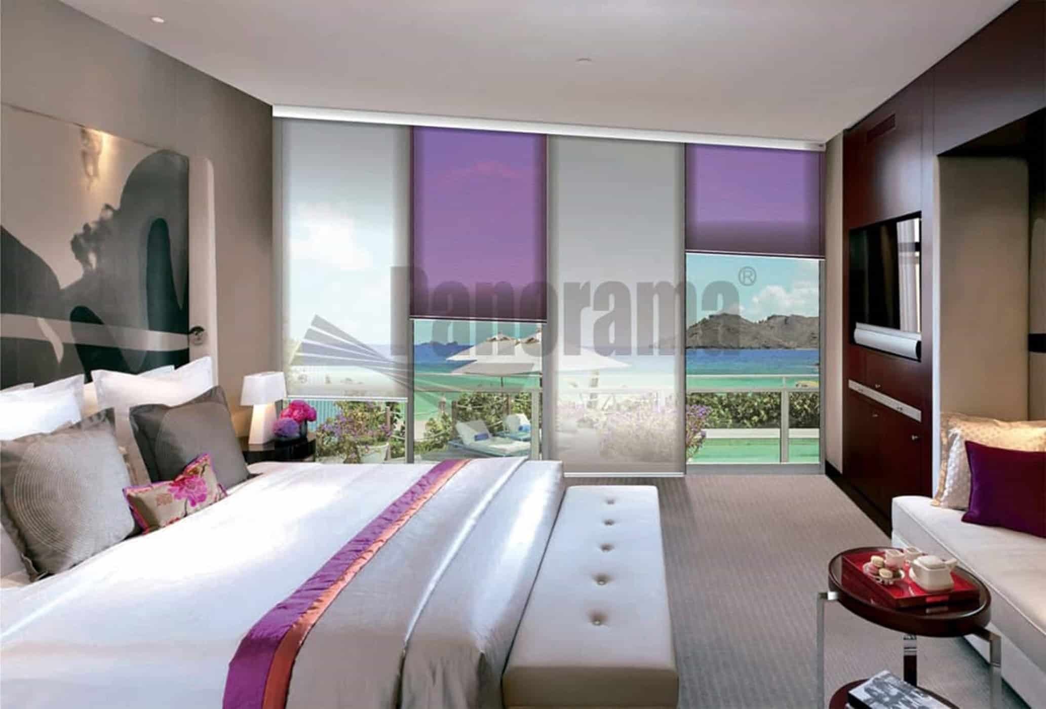 Paneles japoneses de colores vivos y armoniosos para ventanales de gran formato.